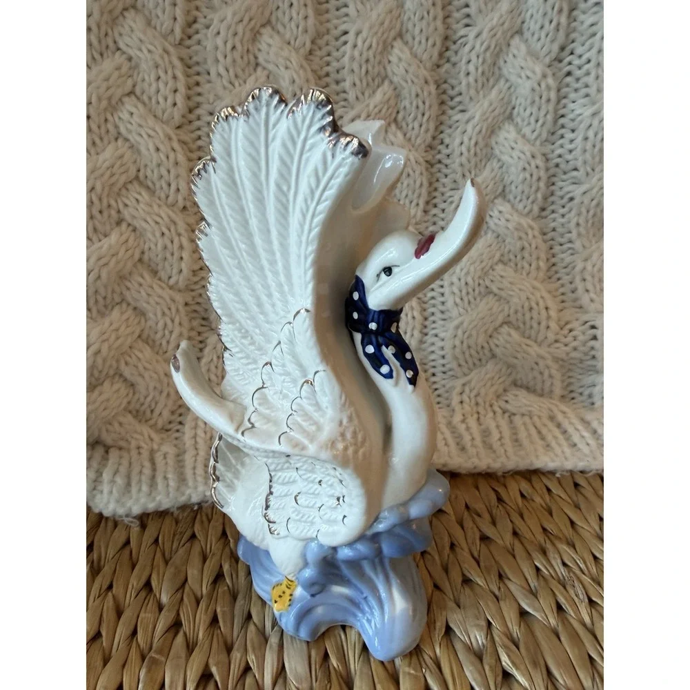 Vintage White Ceramic Swan Vase Country Cottagecore Polka Dot Bow Figurine